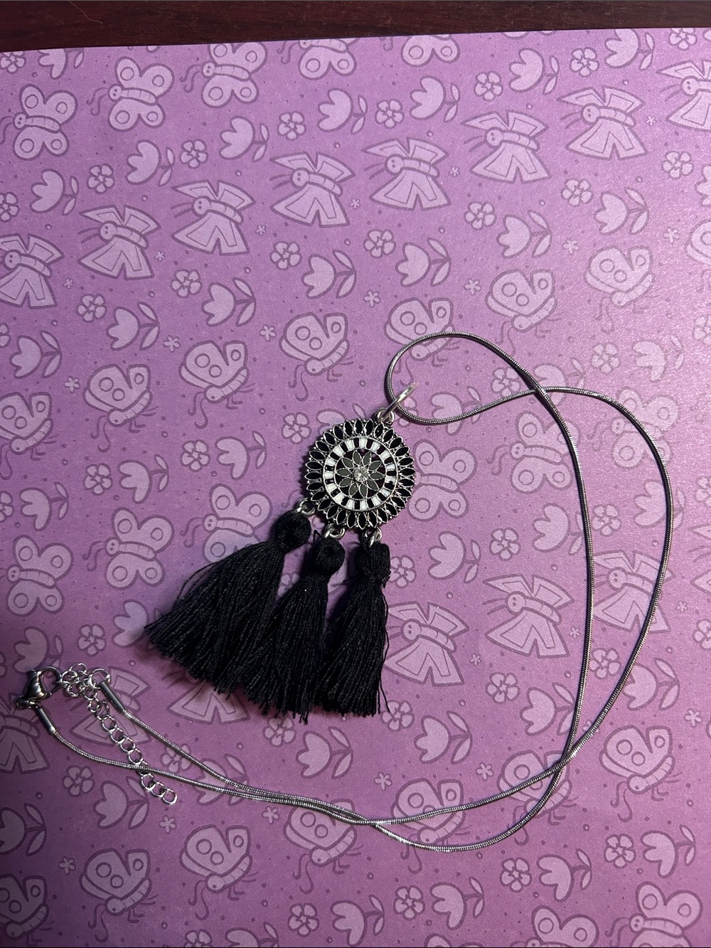 Boho Silver Medallion Necklace with Black Tassels